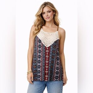 Urban Girl Women's Large‎ Boho Tank Top Crochet Lace Tribal Print Casual